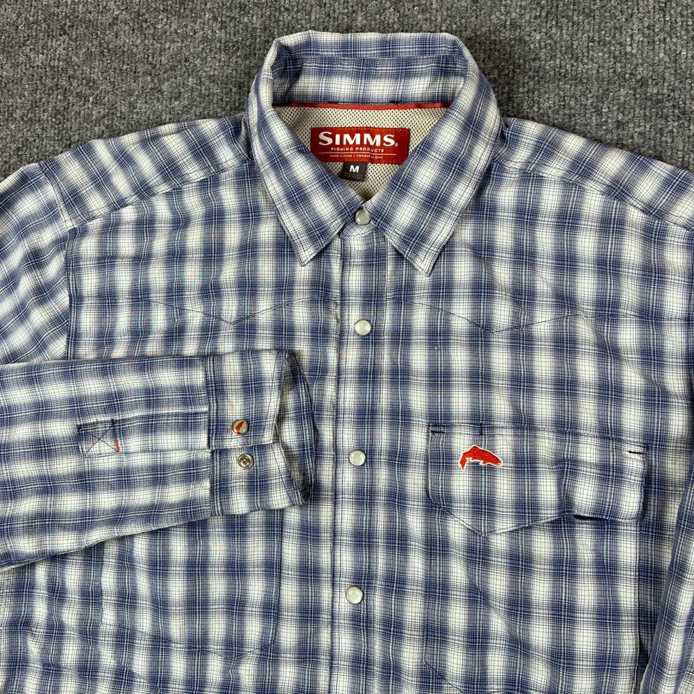 Simms Fishing Shirt Mens M Blue White Plaid Big Sky Pearl Snap Long Sleeve